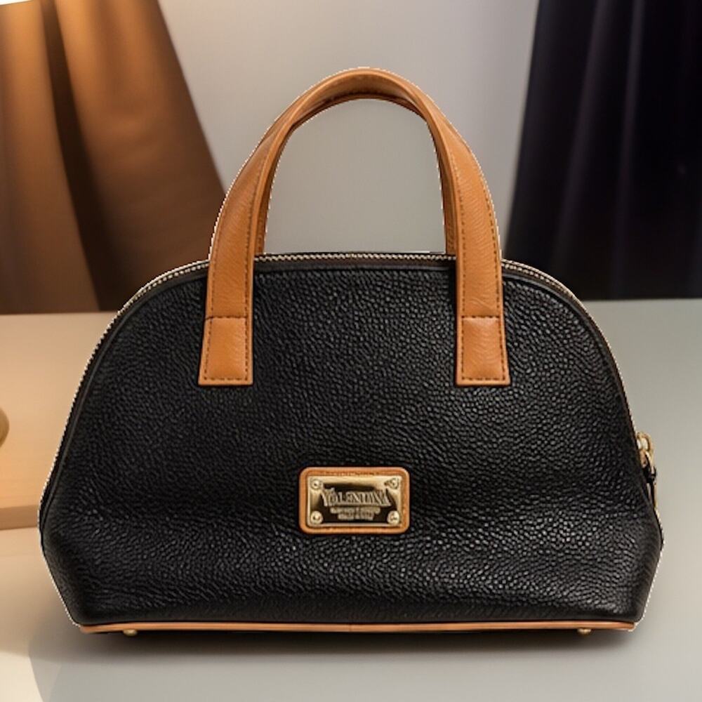 Valentina Made in Italy Genuine Leather Black Tan Satchel Crossbody Handbag Y2K